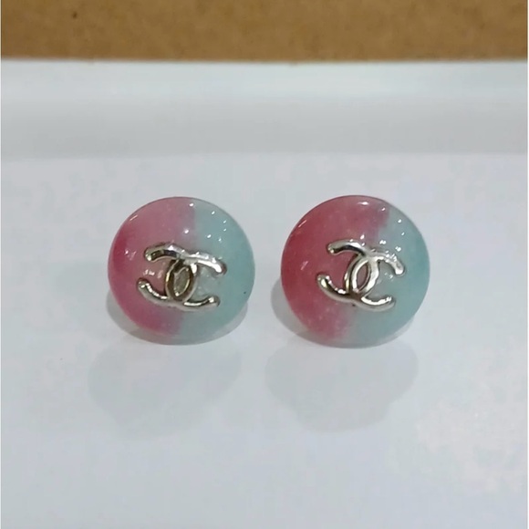 CHANEL ð CoCo Mark Resin Stud Earrings Silver CC Round Pink Vintage 99 P ð - Picture 3 of 16